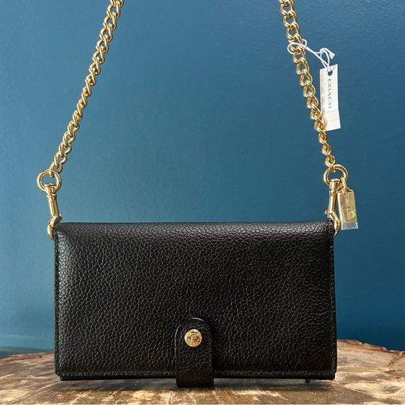 Coach Slim Black Wallet Mini Purse Brass Purse Chain 13943 EUC - Picture 1 of 14